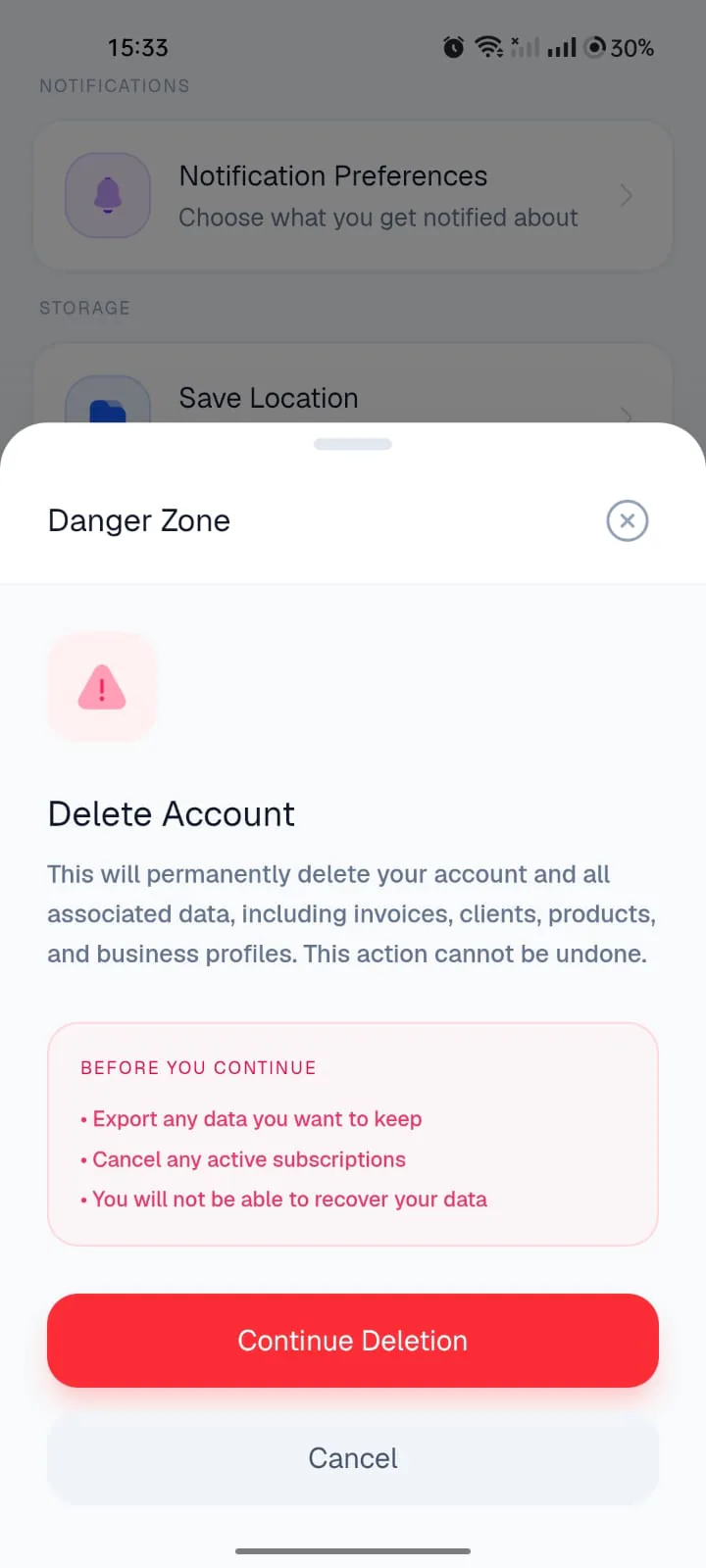 Review the warning and tap Continue Deletion