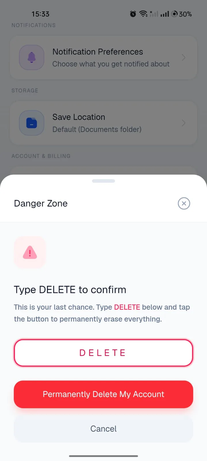 Type DELETE to confirm, then permanently delete your account